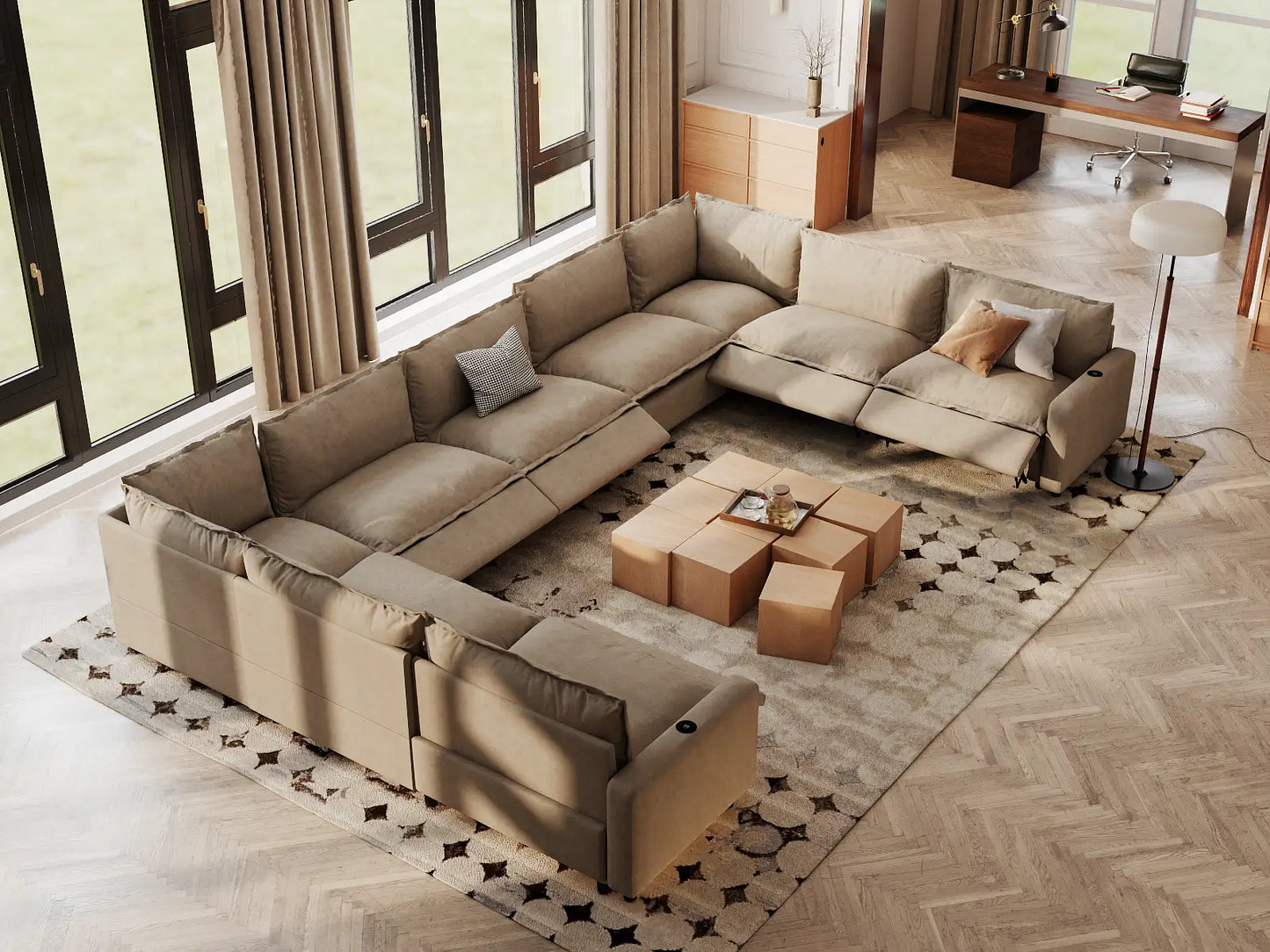 Modular Cero Reclining Sectionals | 9-Piece Khaki Linen Open Space U-Shaped Sectionals 9-Seater