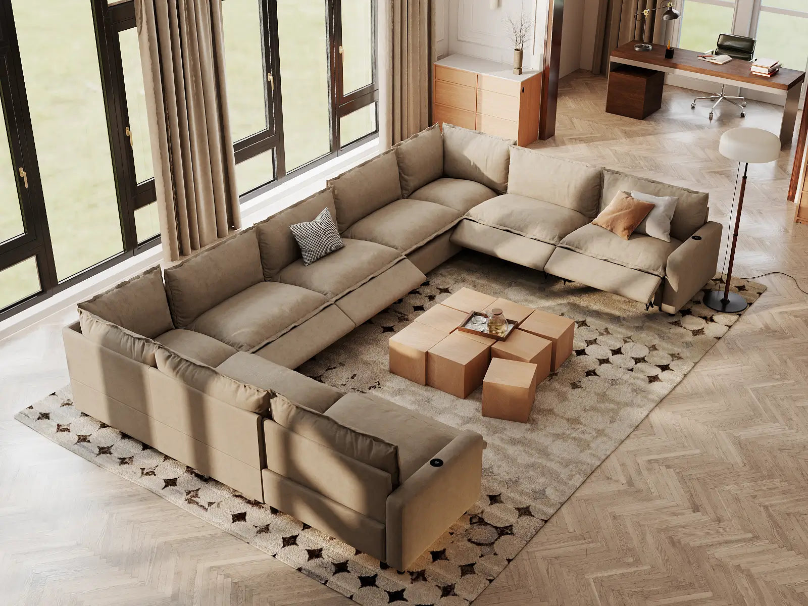 Modular Cero Contemporary Reclining Sectional | 9-Piece Khaki Linen Open Space U-Shaped Sectionals 9-Seater