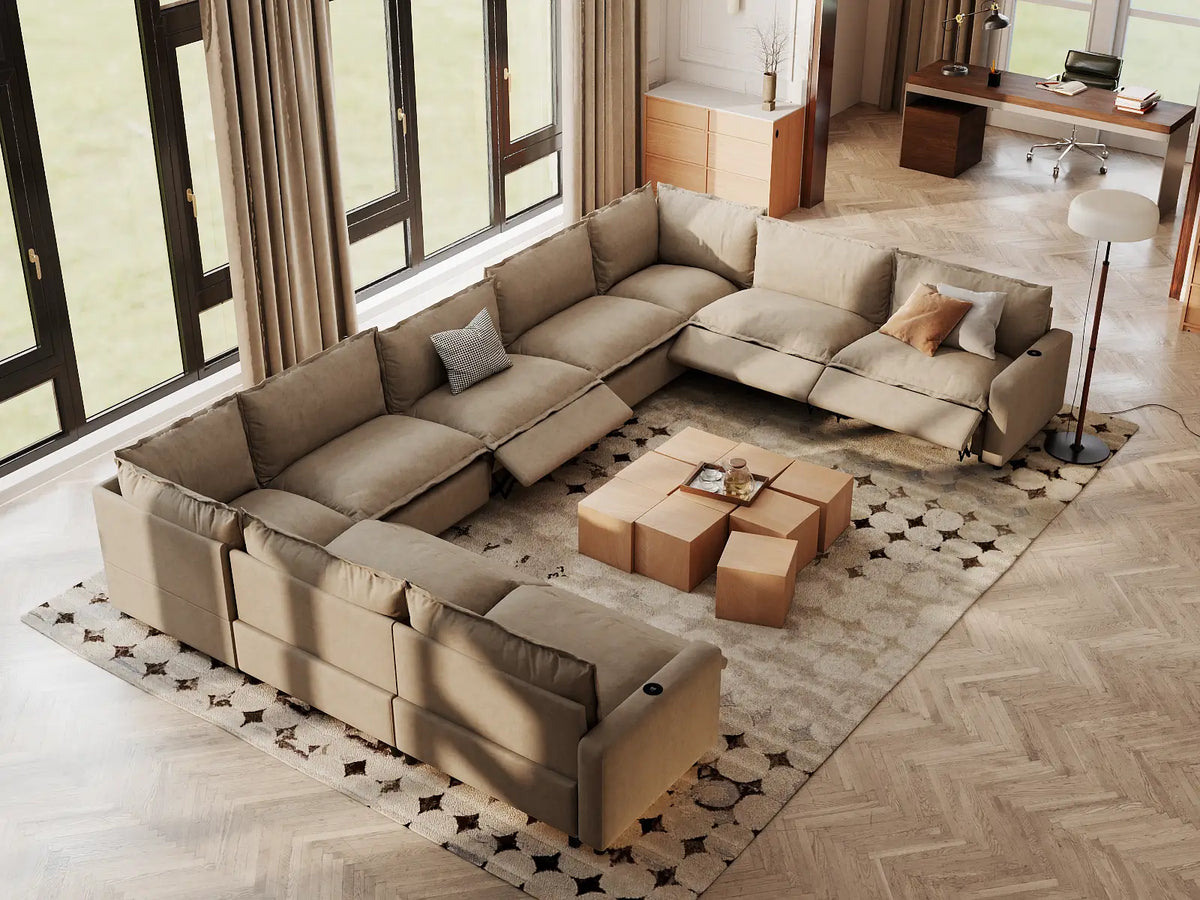 Modular Cero Reclining Sectionals | 9-Piece Khaki Linen Open Space U-Shaped Sectionals 9-Seater