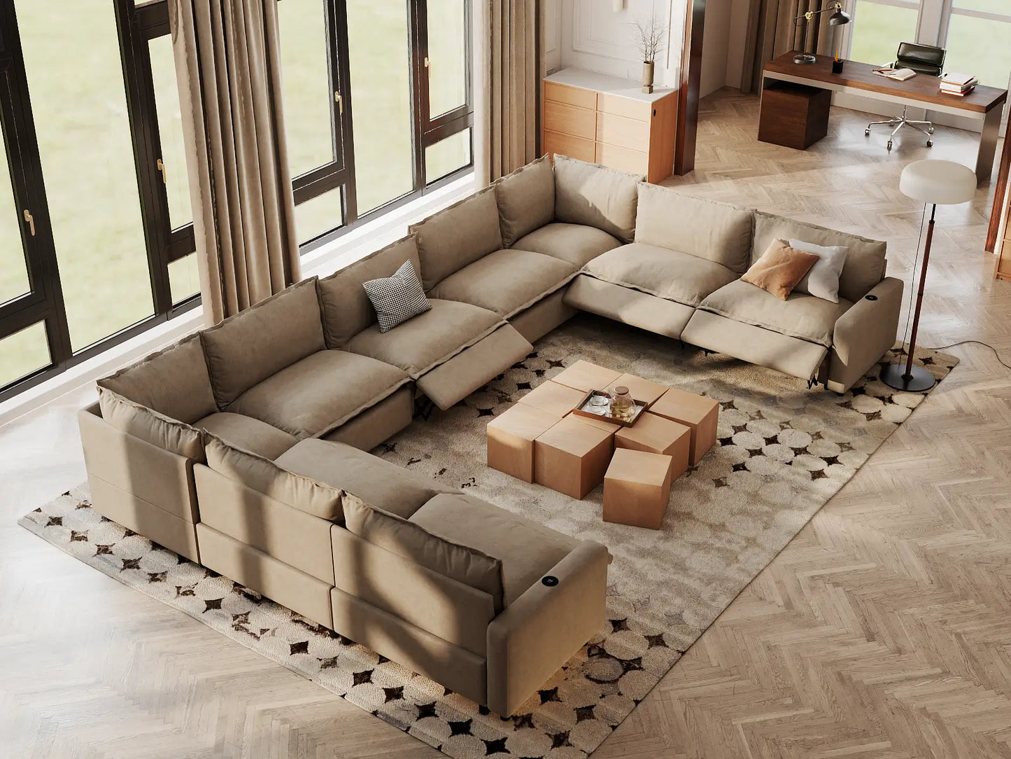 Modular Cero Reclining Sectionals | 9-Piece Khaki Linen Open Space U-Shaped Sectionals 9-Seater