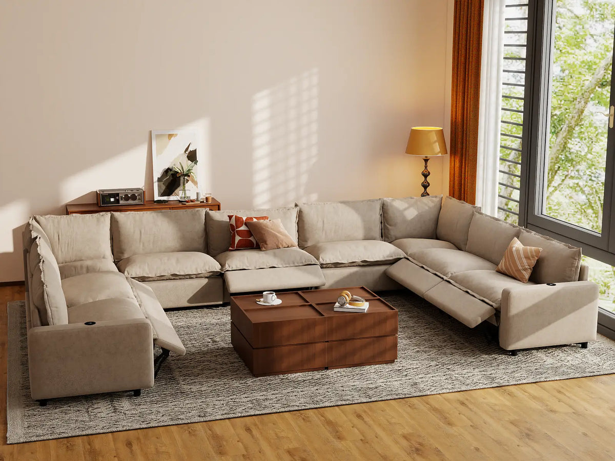 Modular Cero Reclining Sectionals | 9-Piece Khaki Linen Open Space U-Shaped Sectionals 9-Seater