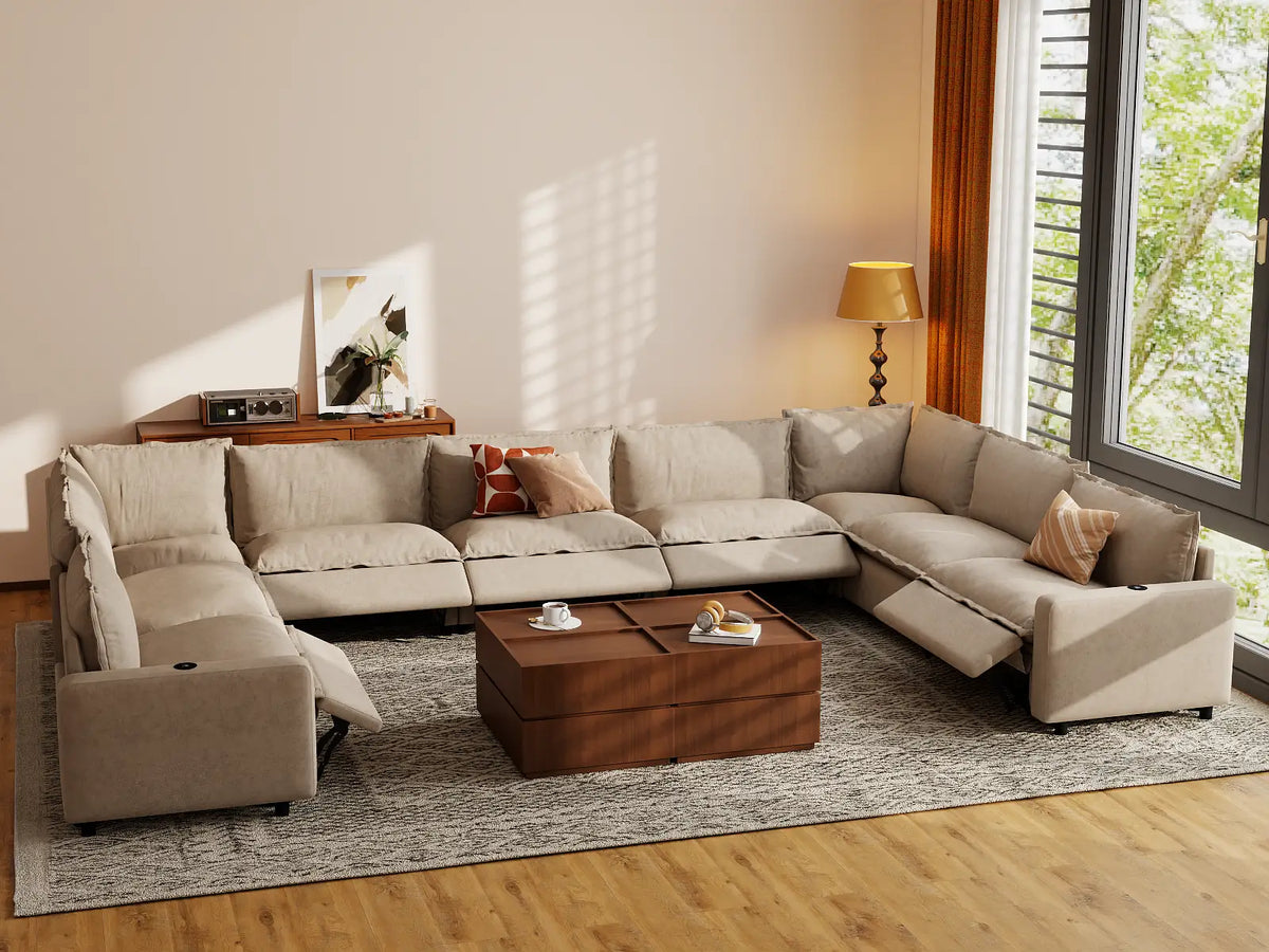Modular Cero Reclining Sectionals | 9-Piece Khaki Linen Open Space U-Shaped Sectionals 9-Seater