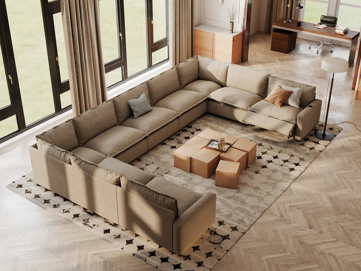 Modular Cero Reclining Sectionals | 9-Piece Khaki Linen Open Space U-Shaped Sectionals 9-Seater