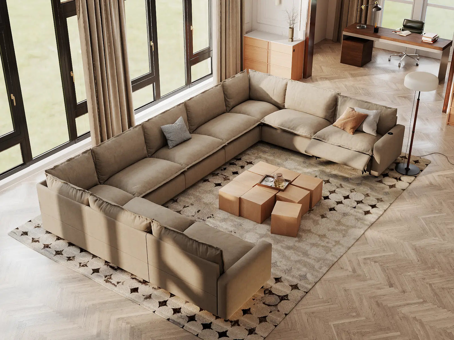 Modular Cero Reclining Sectionals | 9-Piece Khaki Linen Open Space U-Shaped Sectionals 9-Seater