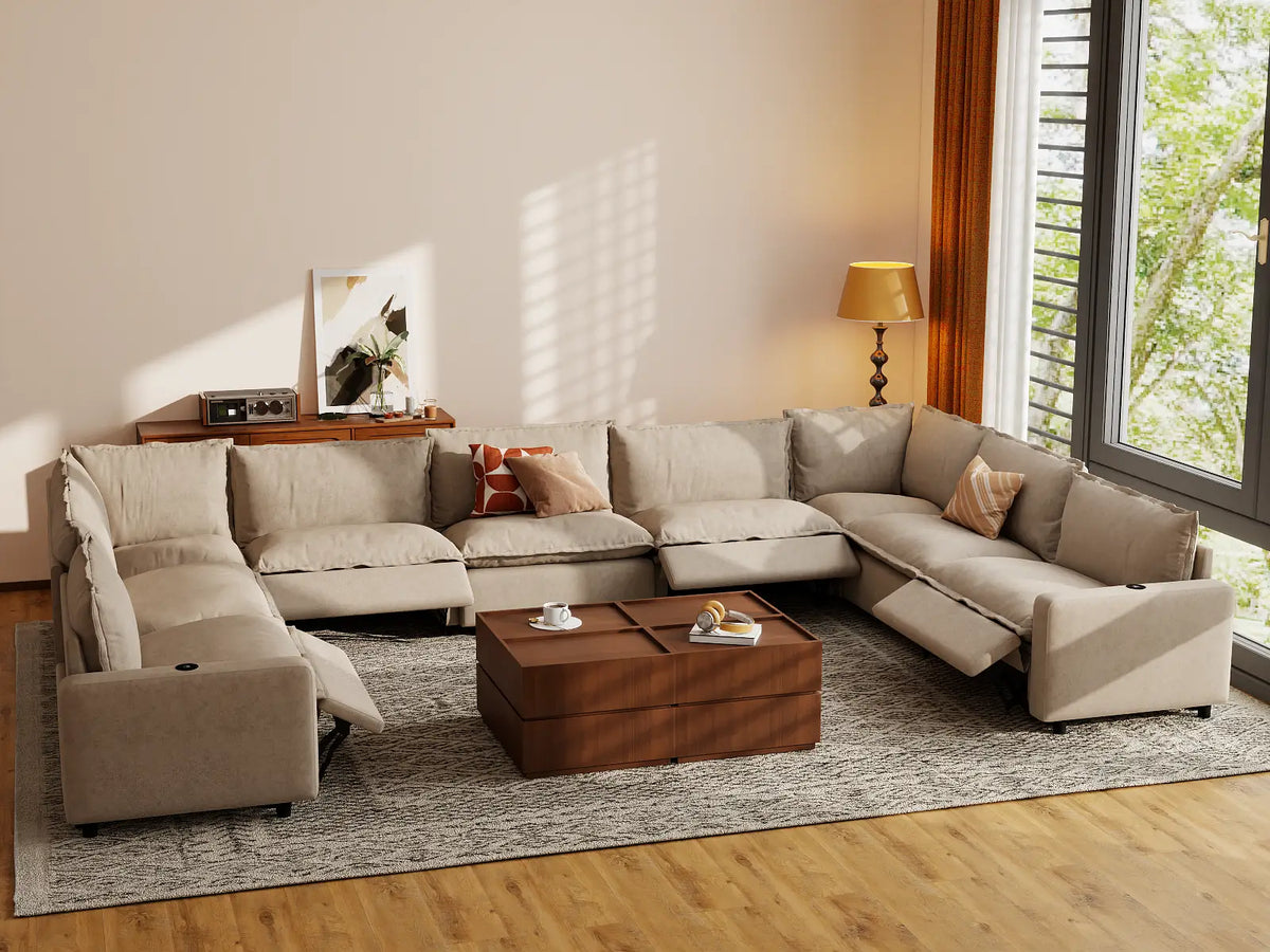 Modular Cero Reclining Sectionals | 9-Piece Khaki Linen Open Space U-Shaped Sectionals 9-Seater