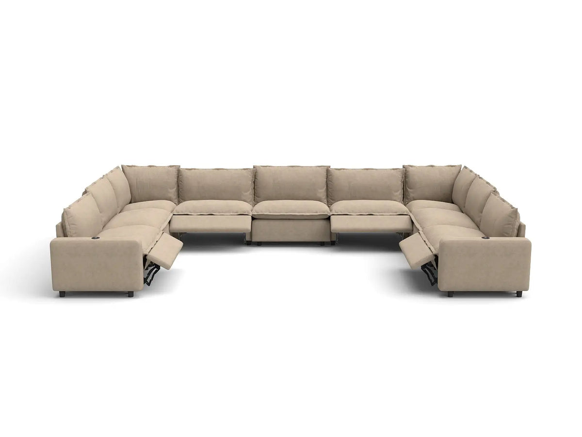 Modular Cero Reclining Sectionals | 9-Piece Khaki Linen Open Space U-Shaped Sectionals 9-Seater