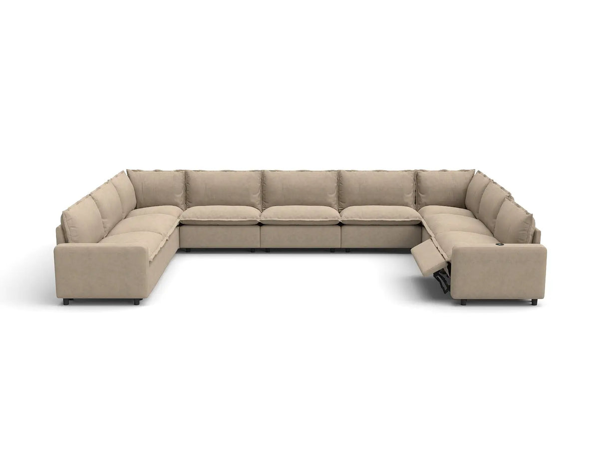 Modular Cero Reclining Sectionals | 9-Piece Khaki Linen Open Space U-Shaped Sectionals 9-Seater
