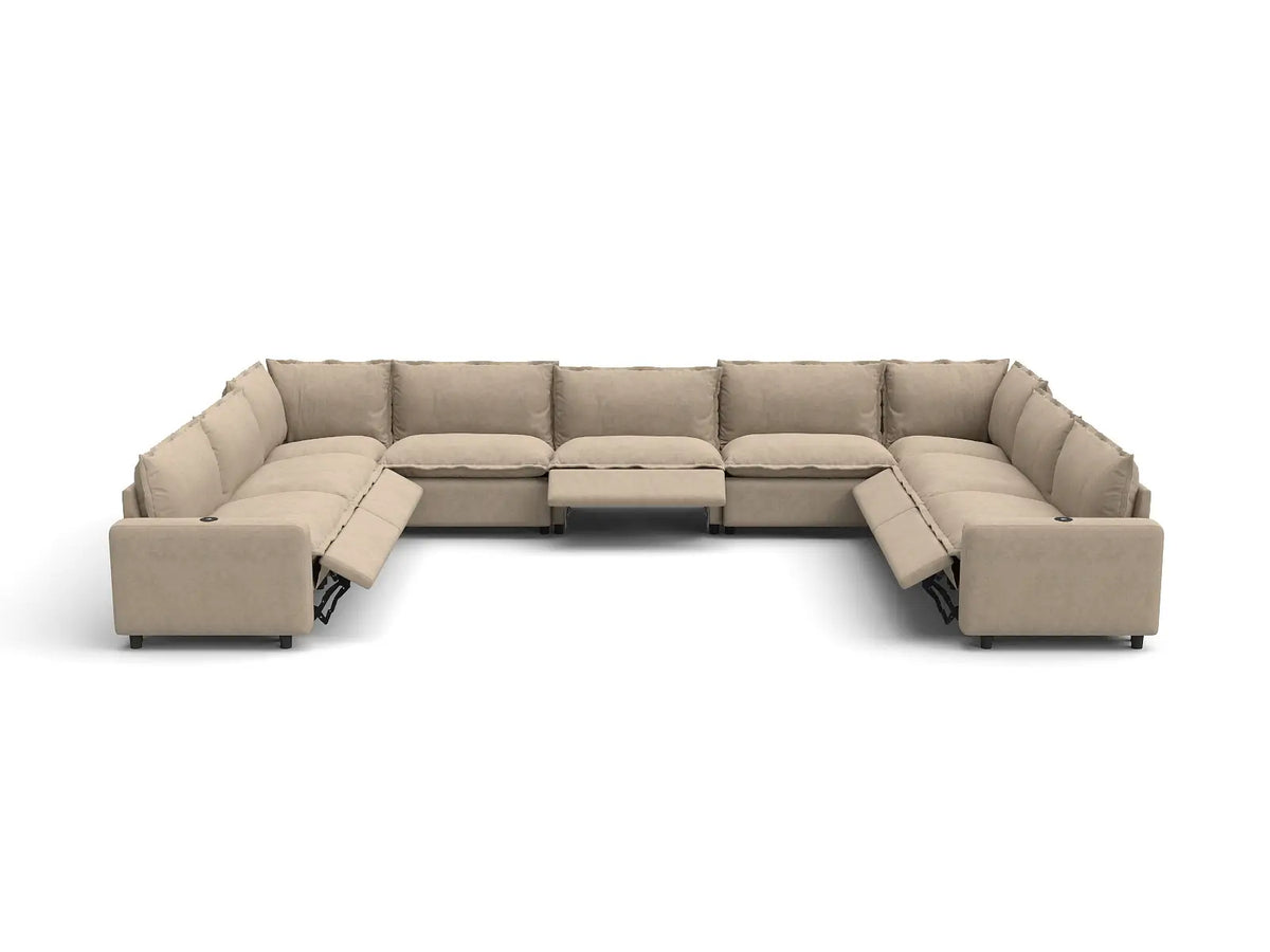 Modular Cero Reclining Sectionals | 9-Piece Khaki Linen Open Space U-Shaped Sectionals 9-Seater
