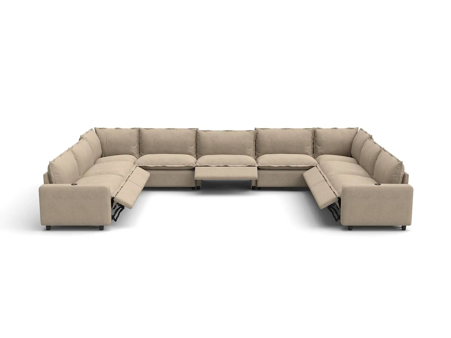 Modular Cero Reclining Sectionals | 9-Piece Khaki Linen Open Space U-Shaped Sectionals 9-Seater