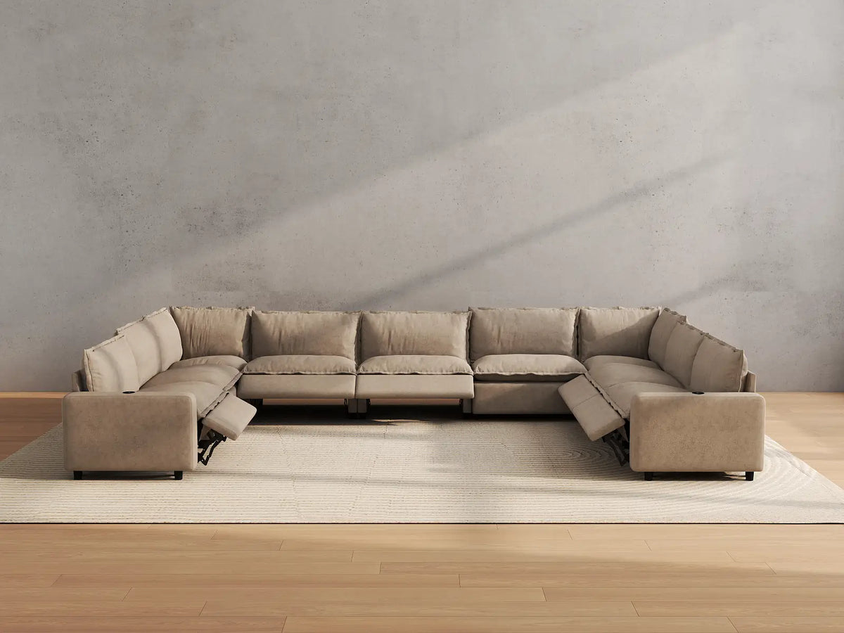 Modular Cero Reclining Sectionals | 9-Piece Khaki Linen Open Space U-Shaped Sectionals 9-Seater