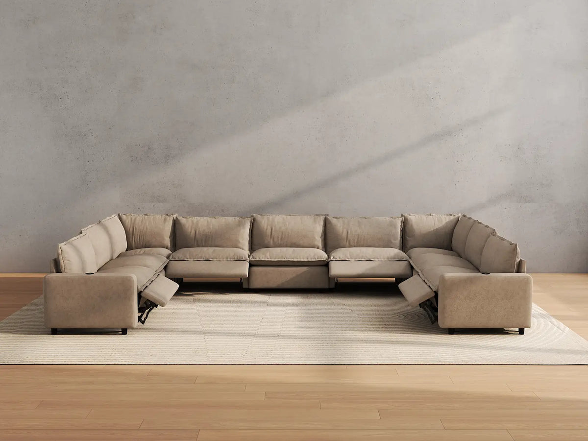 Modular Cero Reclining Sectionals | 9-Piece Khaki Linen Open Space U-Shaped Sectionals 9-Seater