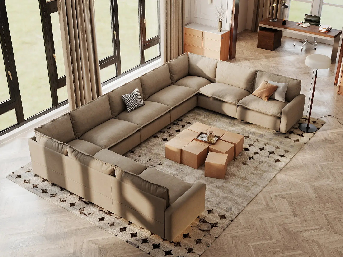 Modular Cero Modular Sectionals | 9-Piece Khaki Linen Open Space U-Shaped Sectionals 9-Seater