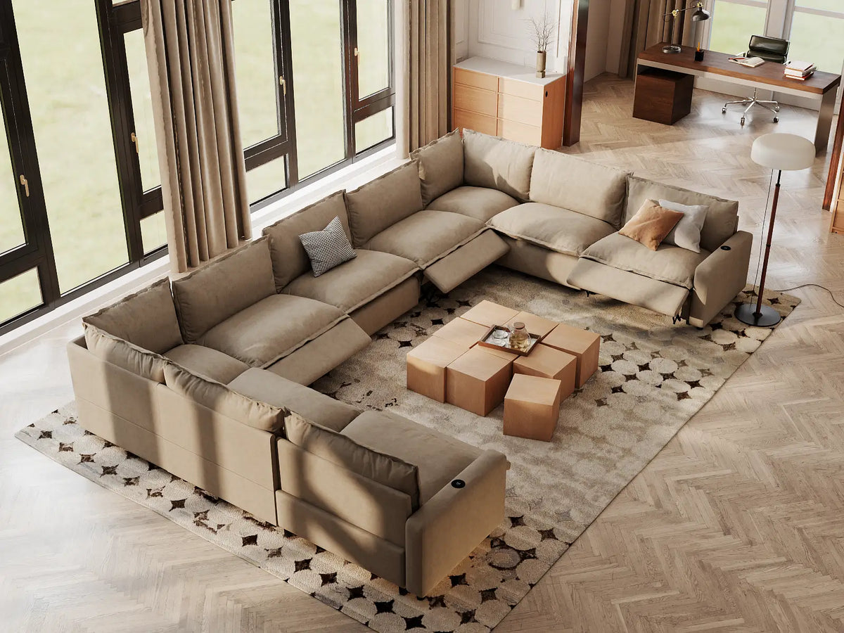 Modular Cero Reclining Sectionals | 9-Piece Khaki Linen Open Space U-Shaped Sectionals 9-Seater