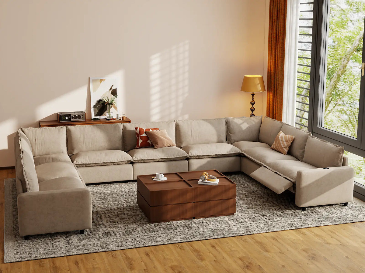 Modular Cero Reclining Sectionals | 9-Piece Khaki Linen Open Space U-Shaped Sectionals 9-Seater