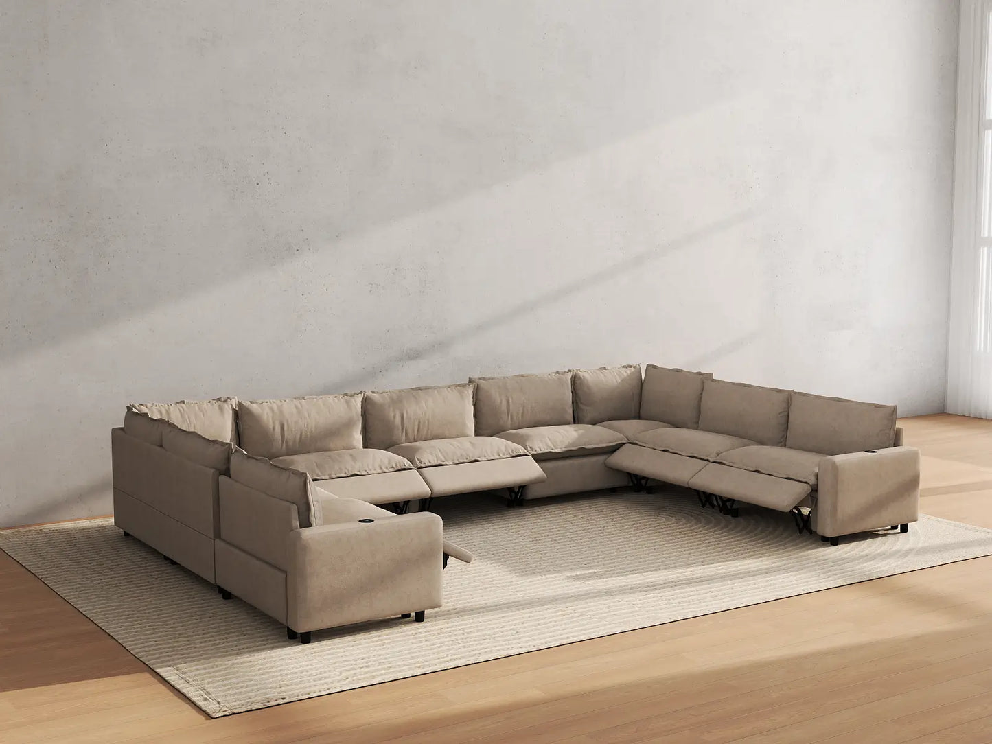 Modular Cero Reclining Sectionals | 9-Piece Khaki Linen Open Space U-Shaped Sectionals 9-Seater