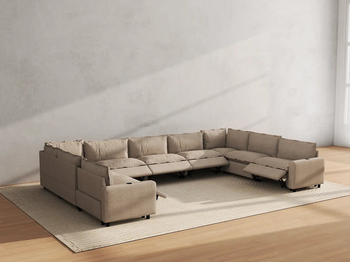 Modular Cero Reclining Sectionals | 9-Piece Khaki Linen Open Space U-Shaped Sectionals 9-Seater