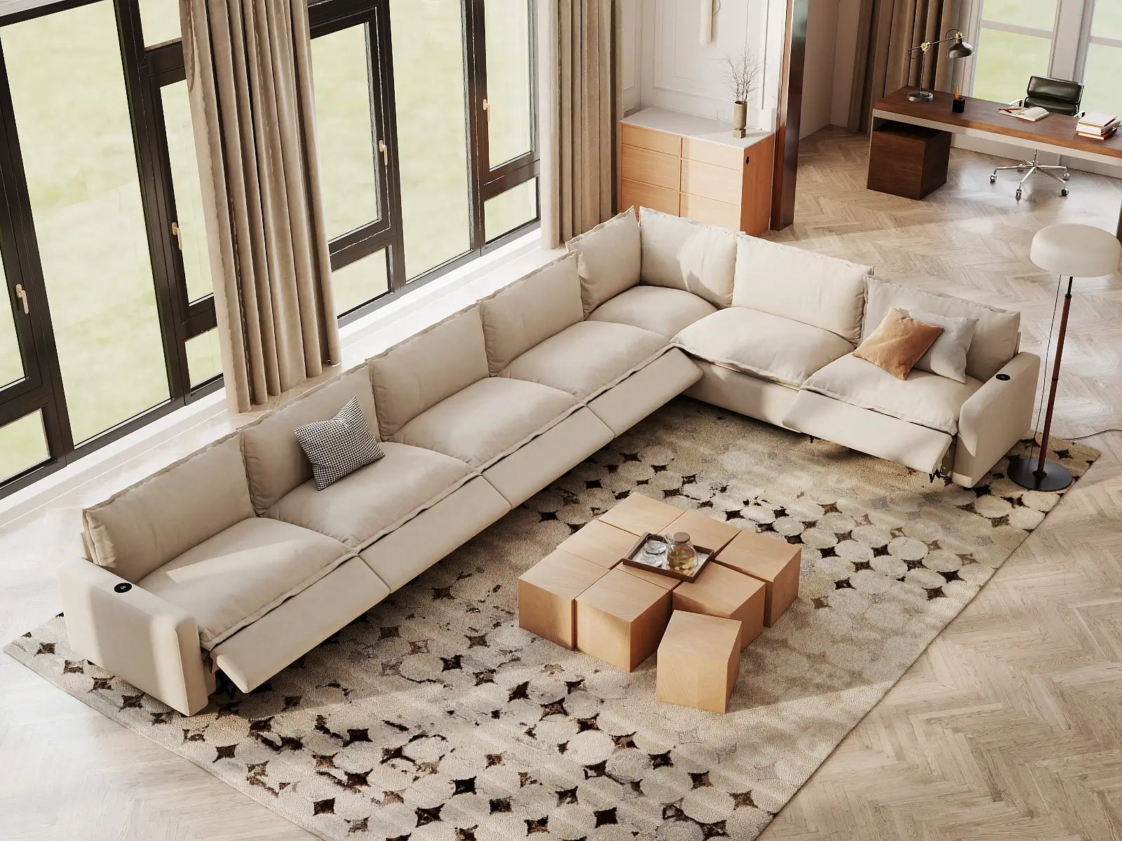 Modular Cero Sectional Reclining Couch | 7-Piece Beige Linen Large Space V-Shaped Sectionals 7-Seater