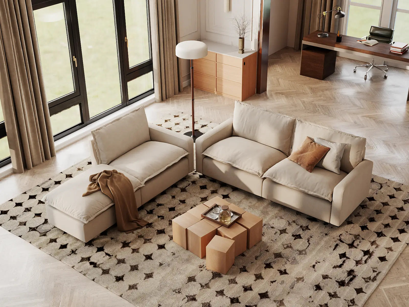 Modular Cero Modular Sofa Set | 4-Piece Beige Linen Large Space Chaise Sectionals 3-Seater with 1-Ottoman