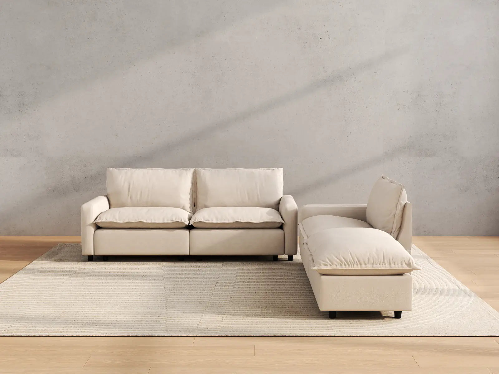 Modular Cero Modular Sofa Set | 4-Piece Beige Linen Large Space Chaise Sectionals 3-Seater with 1-Ottoman