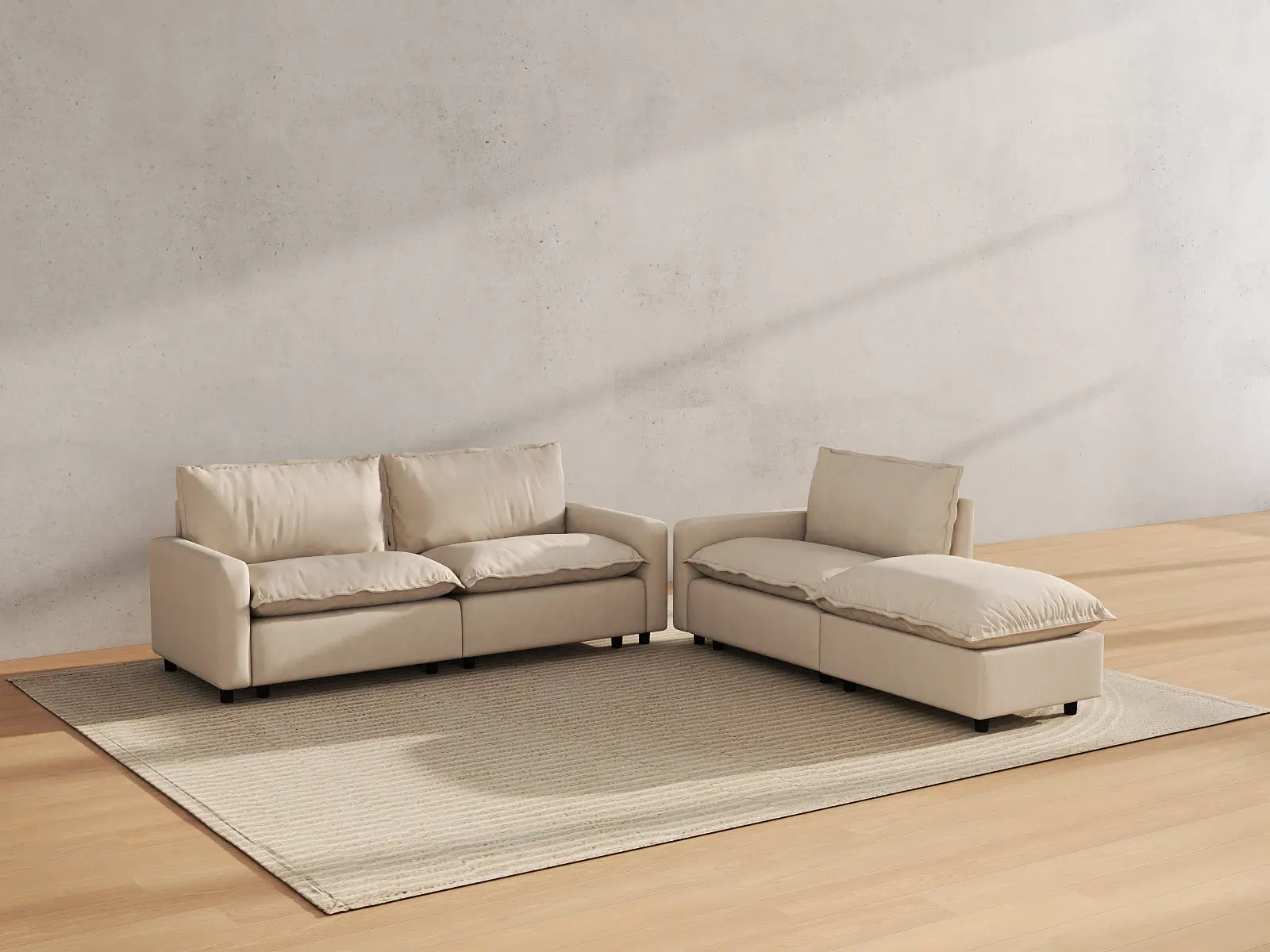 Modular Cero Modular Sofa Set | 4-Piece Beige Linen Large Space Chaise Sectionals 3-Seater with 1-Ottoman