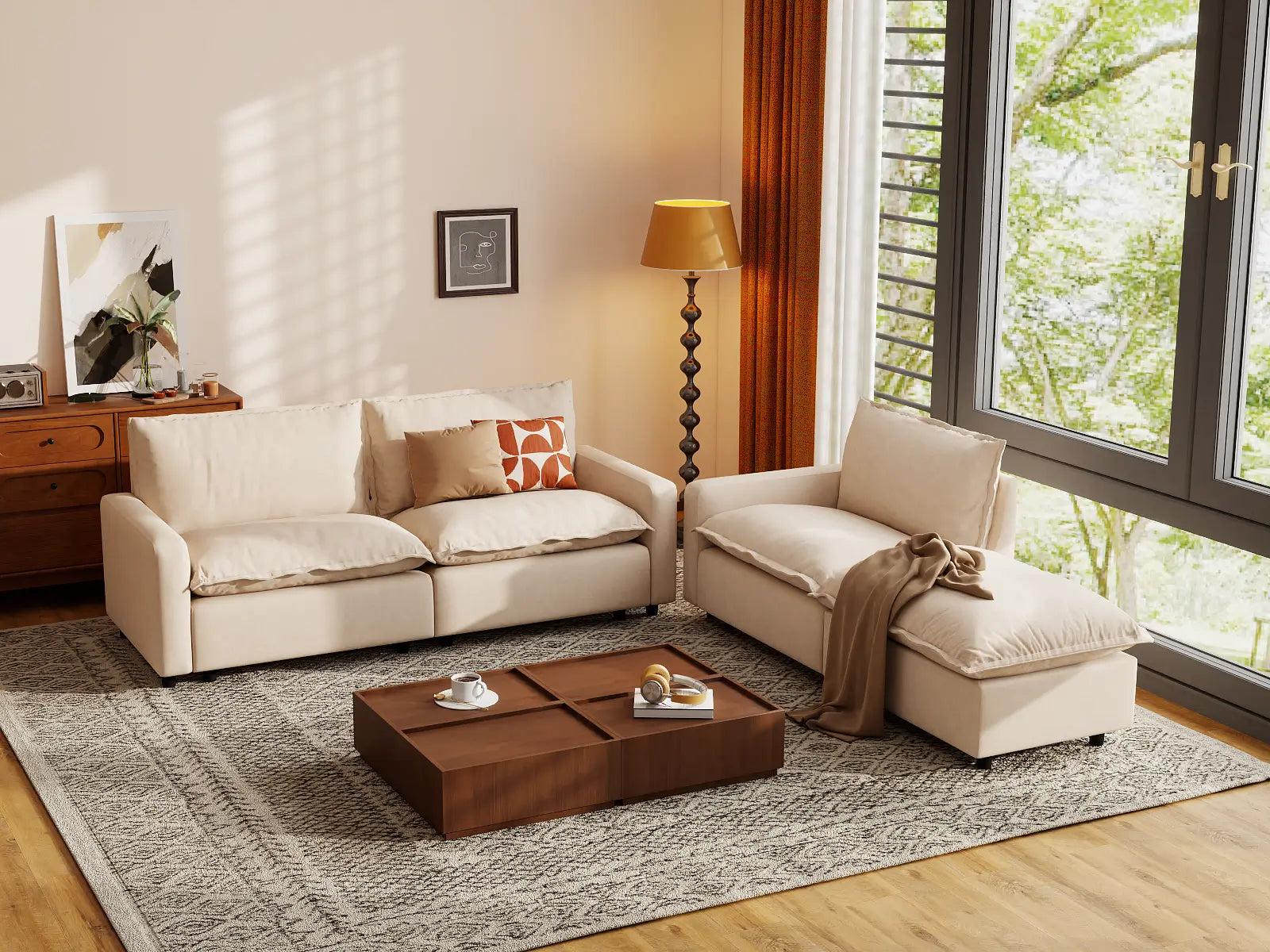 Modular Cero Modular Sofa Set | 4-Piece Beige Linen Large Space Chaise Sectionals 3-Seater with 1-Ottoman