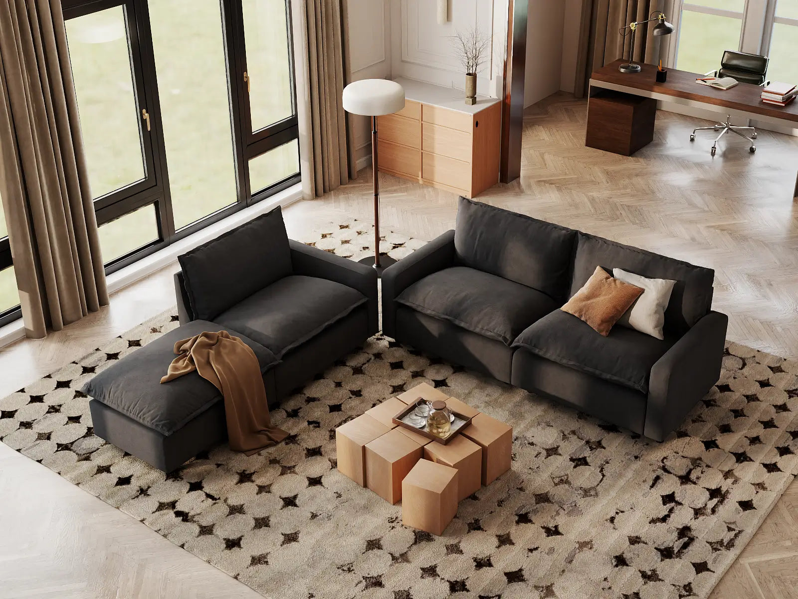 Modular Cero Modular Sectional Sofa | 4-Piece Grey Linen Home Living Chaise Sectionals 3-Seater with 1-Ottoman