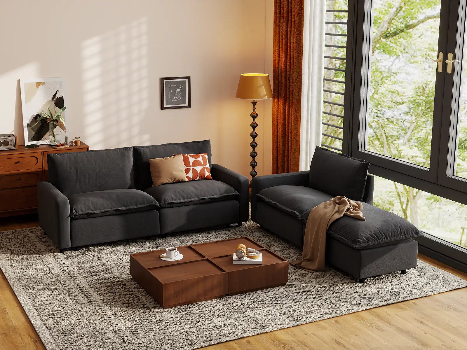 Modular Cero Modular Sectional Sofa | 4-Piece Grey Linen Home Living Chaise Sectionals 3-Seater with 1-Ottoman