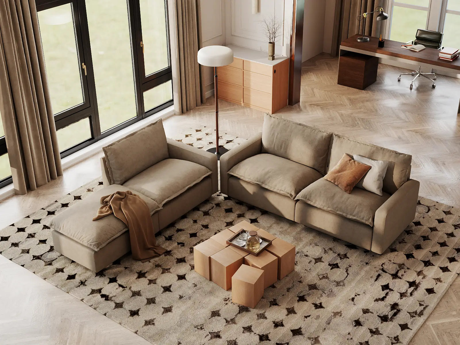 Modular Cero Modular Chaise Sectional | 4-Piece Khaki Linen Home Living Chaise Sectionals 3-Seater with 1-Ottoman