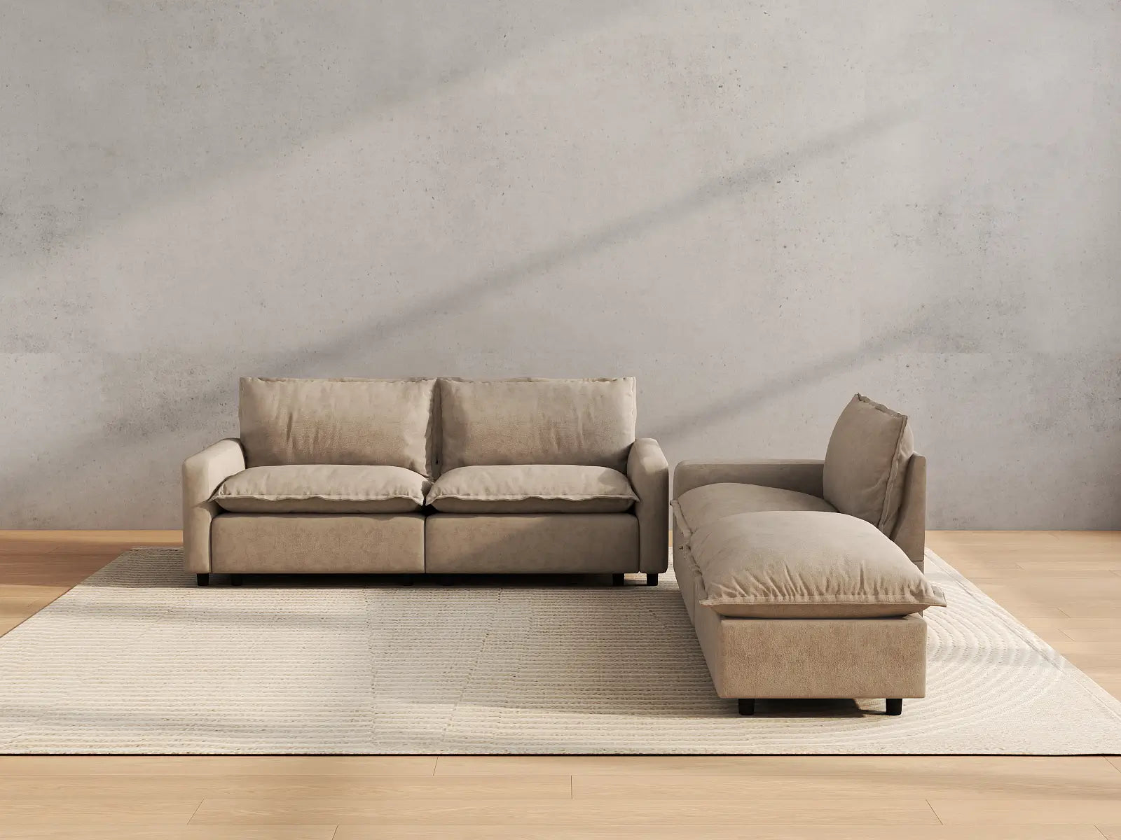Modular Cero Modular Chaise Sectional | 4-Piece Khaki Linen Home Living Chaise Sectionals 3-Seater with 1-Ottoman