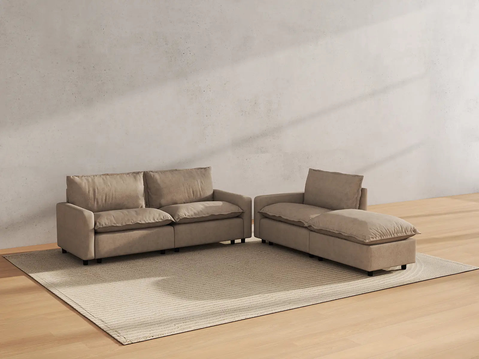 Modular Cero Modular Chaise Sectional | 4-Piece Khaki Linen Home Living Chaise Sectionals 3-Seater with 1-Ottoman