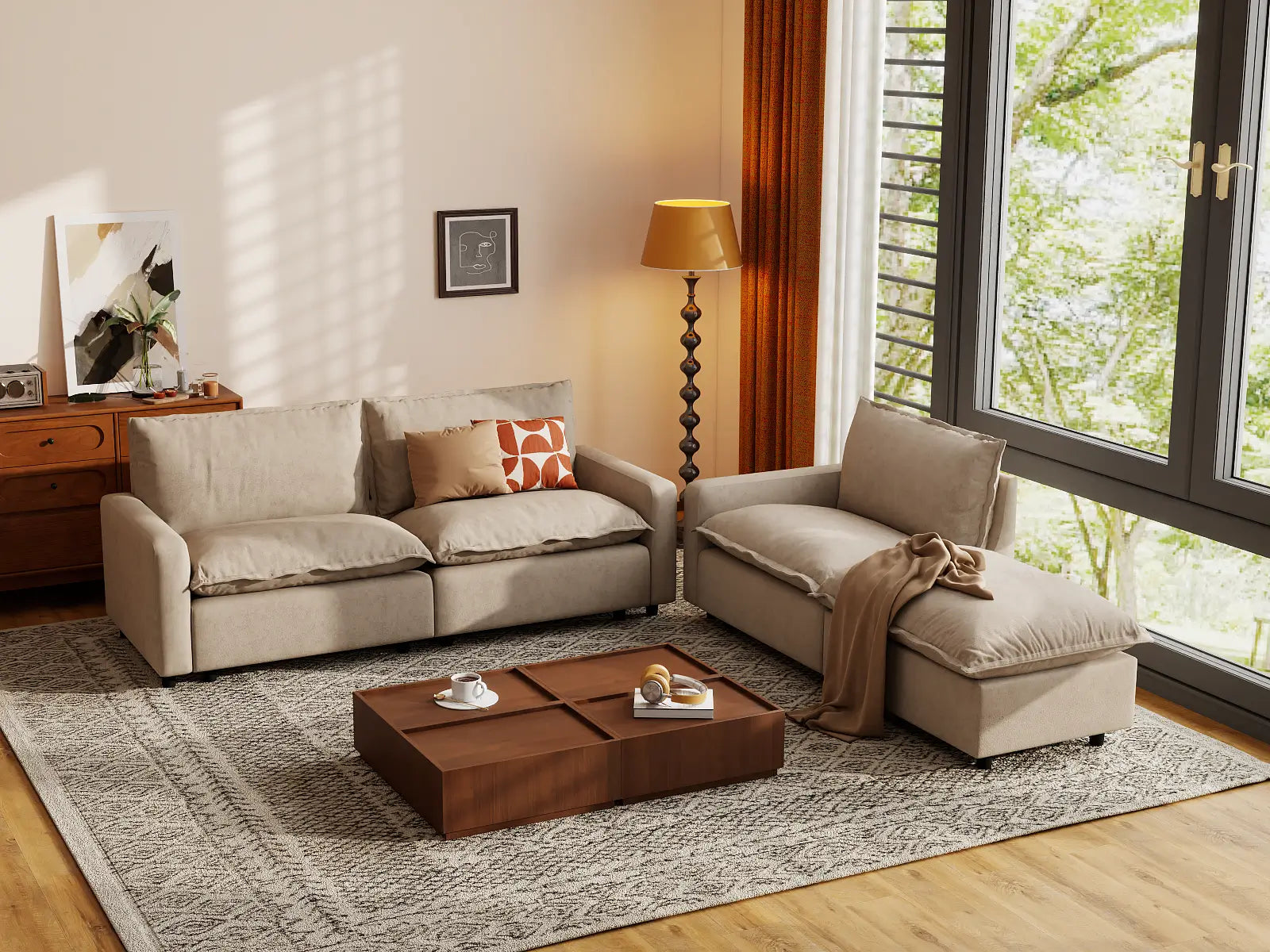 Modular Cero Modular Chaise Sectional | 4-Piece Khaki Linen Home Living Chaise Sectionals 3-Seater with 1-Ottoman