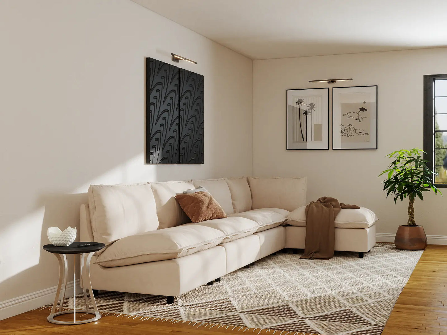 Modular Cero Modular Sectionals | 5-Piece Beige Linen Large Space L-Shaped Sectionals 4-Seater with 1-Ottoman