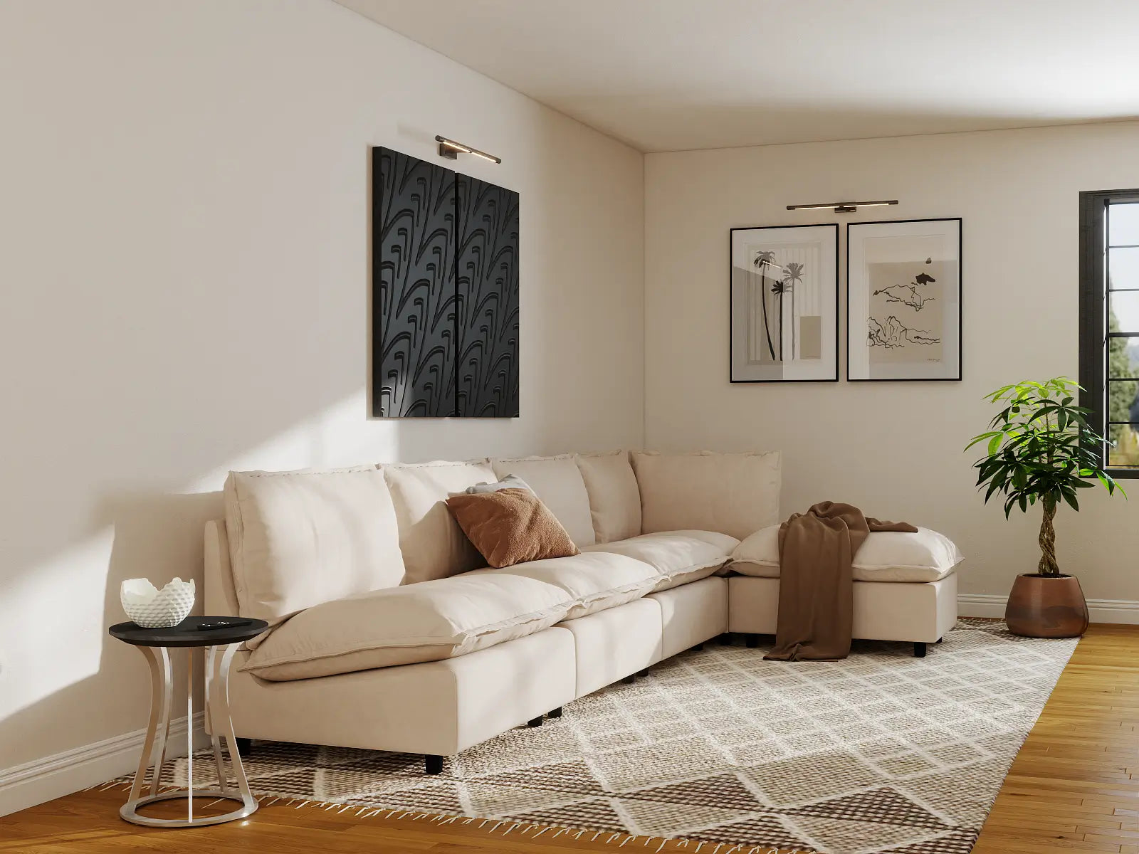 Modular Cero L Shaped Modular Sectional Sofa | 5-Piece Beige Linen Large Space L-Shaped Sectionals 4-Seater with 1-Ottoman