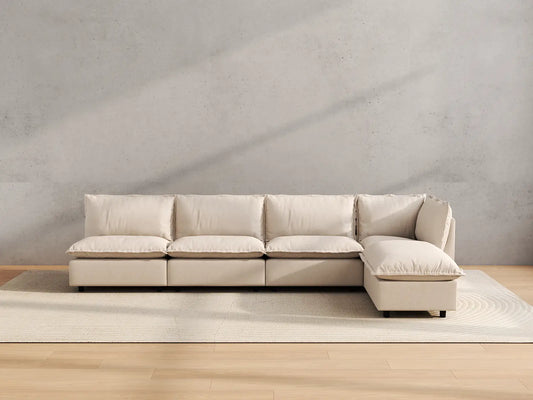 Modular Cero Modular Sectionals | 5-Piece Beige Linen Large Space L-Shaped Sectionals 4-Seater with 1-Ottoman