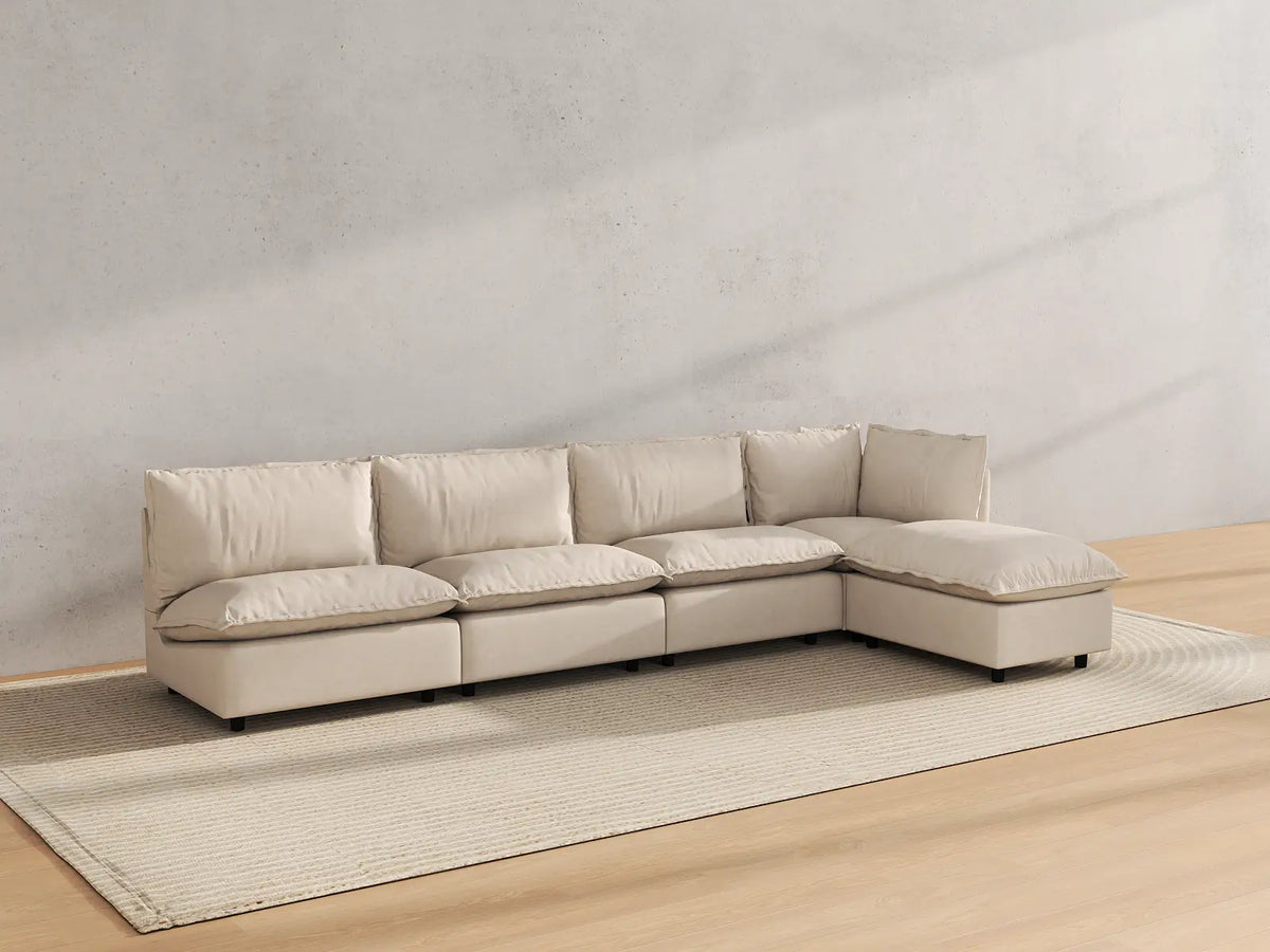 Modular Cero Modular Sectionals | 5-Piece Beige Linen Large Space L-Shaped Sectionals 4-Seater with 1-Ottoman