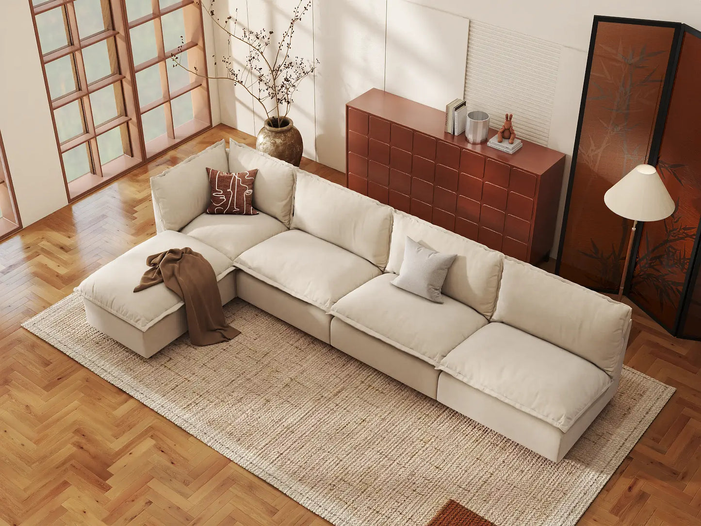 Modular Cero Modular Sectionals | 5-Piece Beige Linen Large Space L-Shaped Sectionals 4-Seater with 1-Ottoman