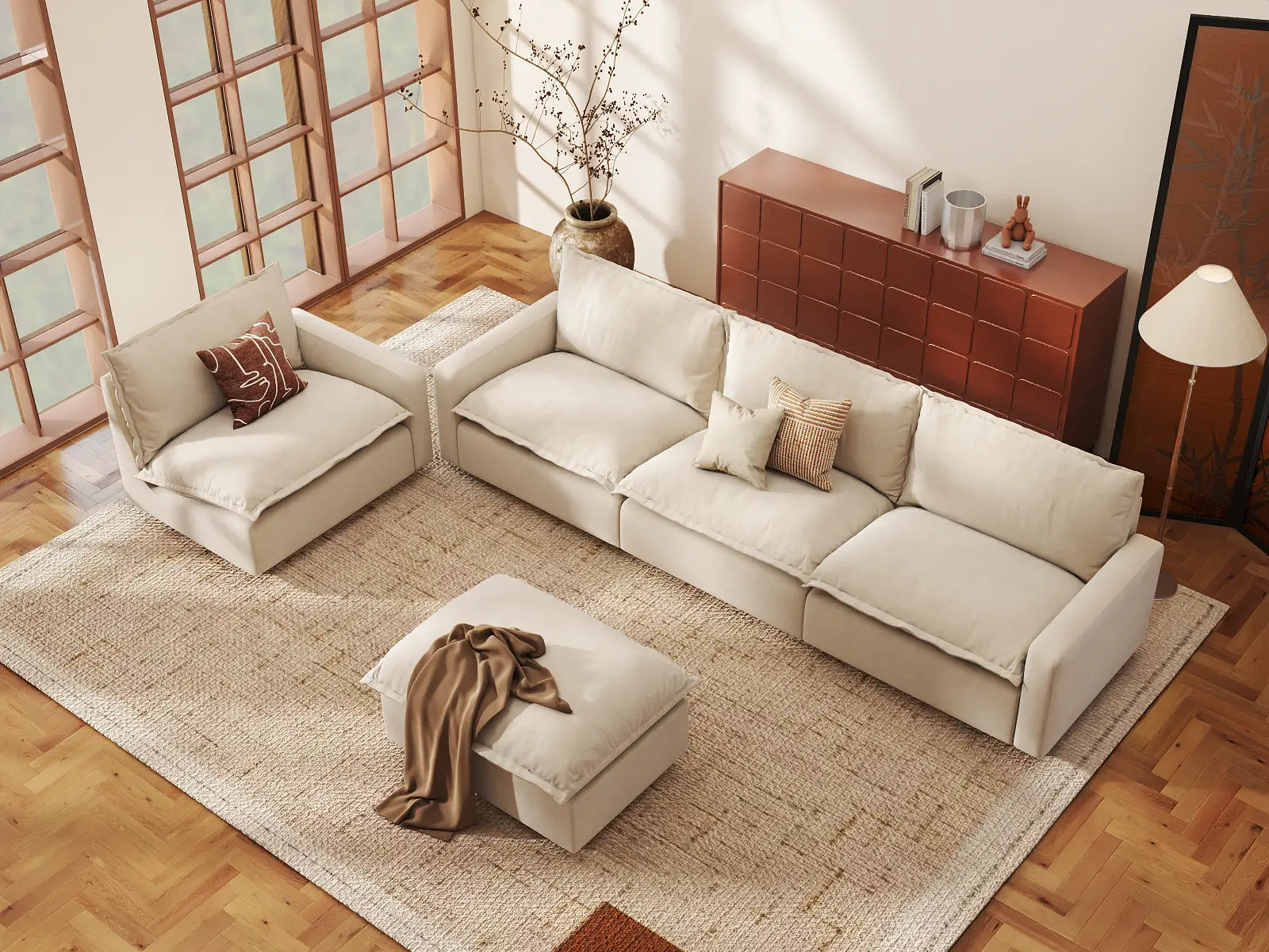 Modular Cero Modular Sofa Set | 5-Piece Beige Linen Large Space Sofa Sets 4-Seater with 1-Ottoman