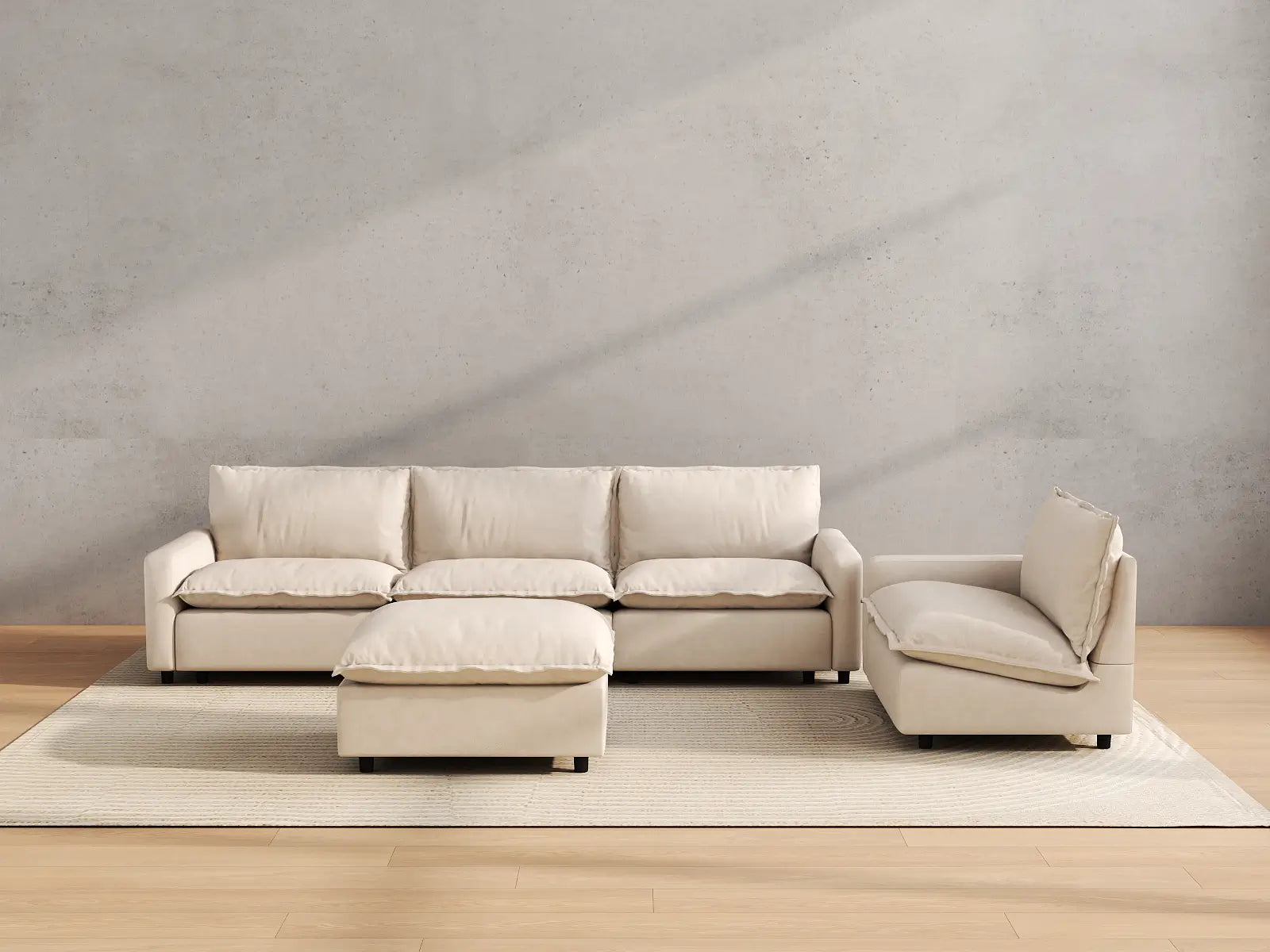 Modular Cero Modular Sofa Set | 5-Piece Beige Linen Large Space Sofa Sets 4-Seater with 1-Ottoman