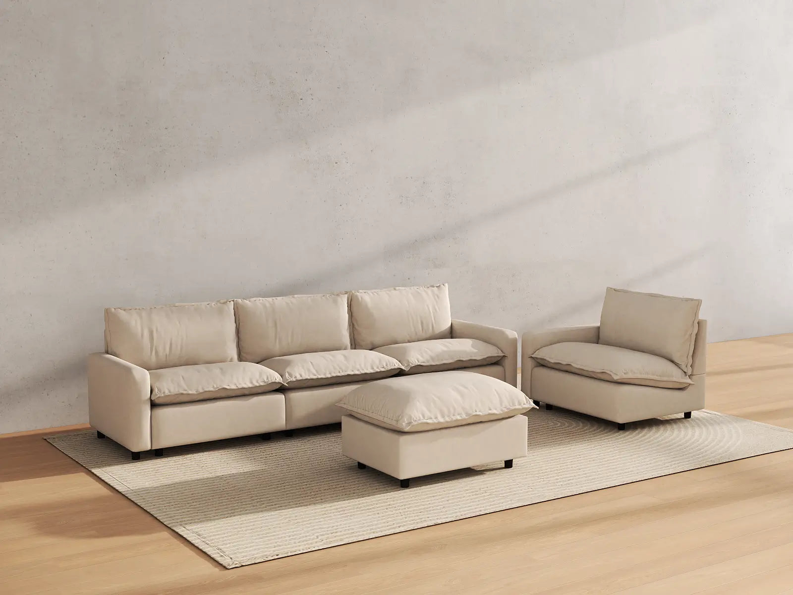 Modular Cero Modular Sofa Set | 5-Piece Beige Linen Large Space Sofa Sets 4-Seater with 1-Ottoman