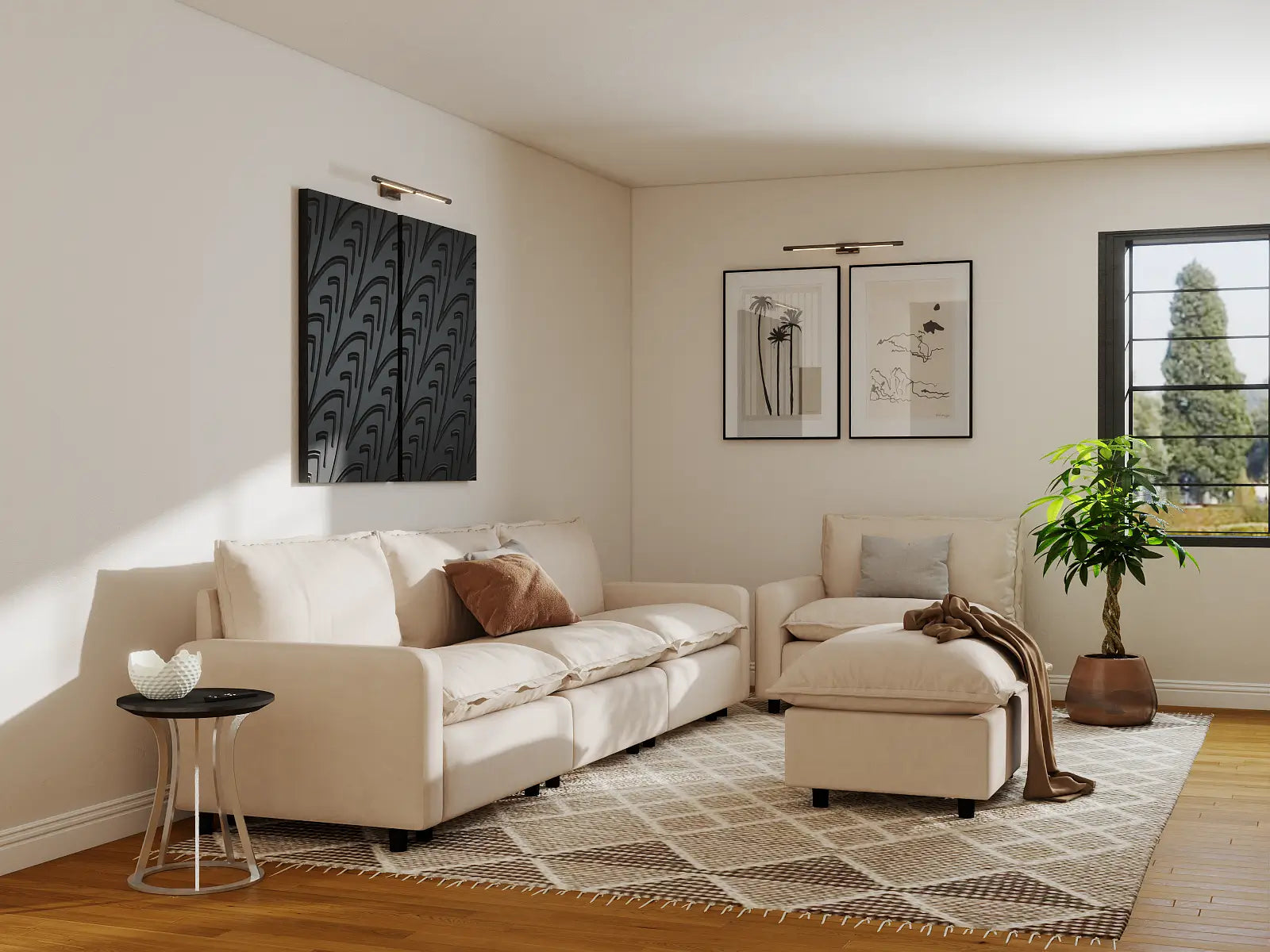 Modular Cero Modular Sofa Set | 5-Piece Beige Linen Large Space Sofa Sets 4-Seater with 1-Ottoman