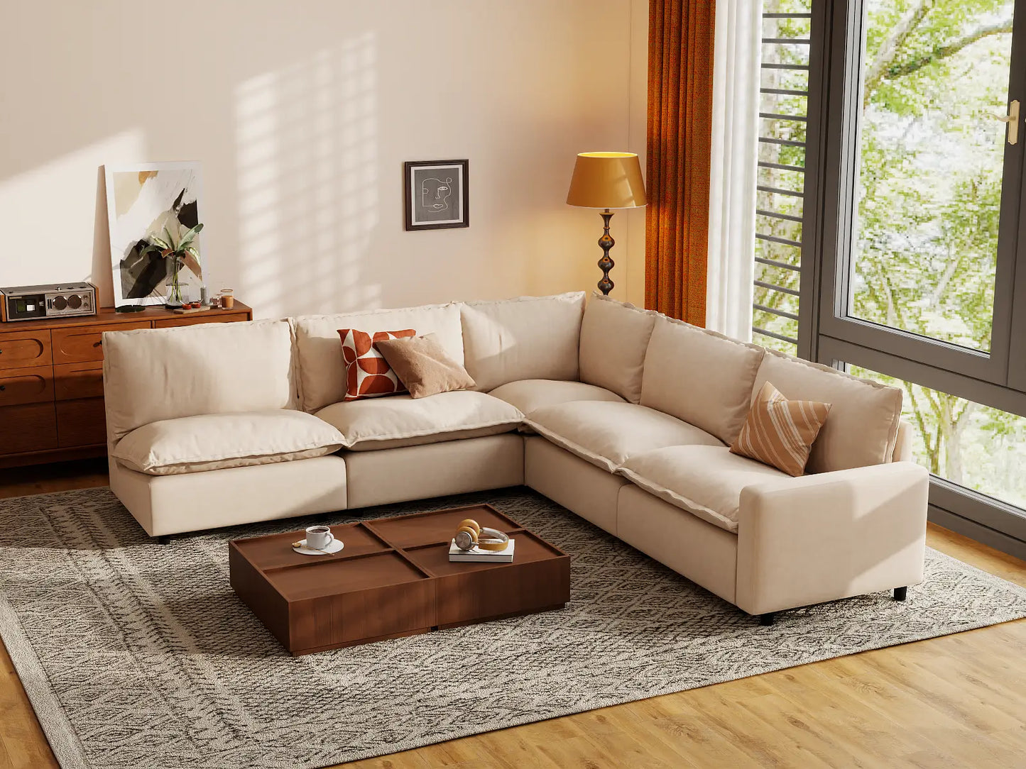 Modular Cero Large Modular Sectional | 5-Piece Beige Linen Large Space V-Shaped Sectionals 5-Seater