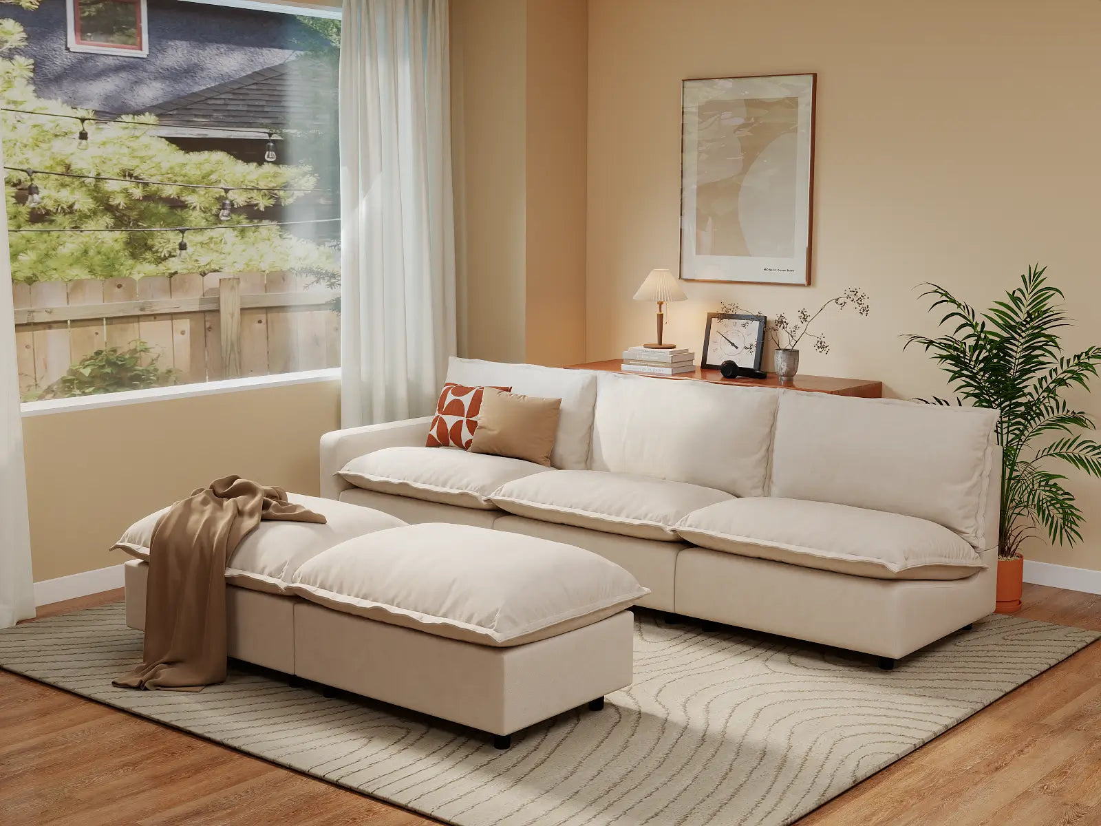 Modular Cero Modular Sectional with Ottoman | 5-Piece Beige Linen Open Plan Sofa Sets 3-Seater with 2-Ottomans