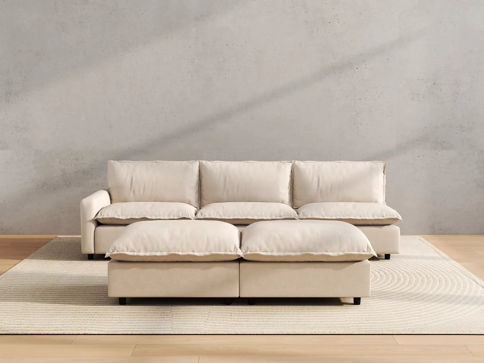 Modular Cero Modular Sectional with Ottoman | 5-Piece Beige Linen Open Plan Sofa Sets 3-Seater with 2-Ottomans