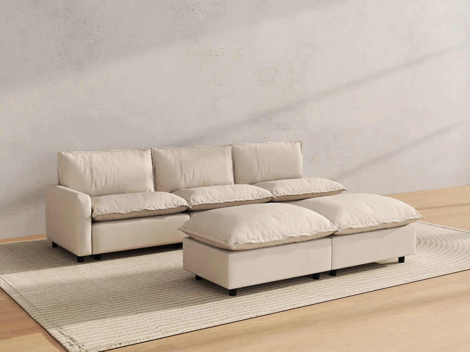 Modular Cero Modular Sectional with Ottoman | 5-Piece Beige Linen Open Plan Sofa Sets 3-Seater with 2-Ottomans