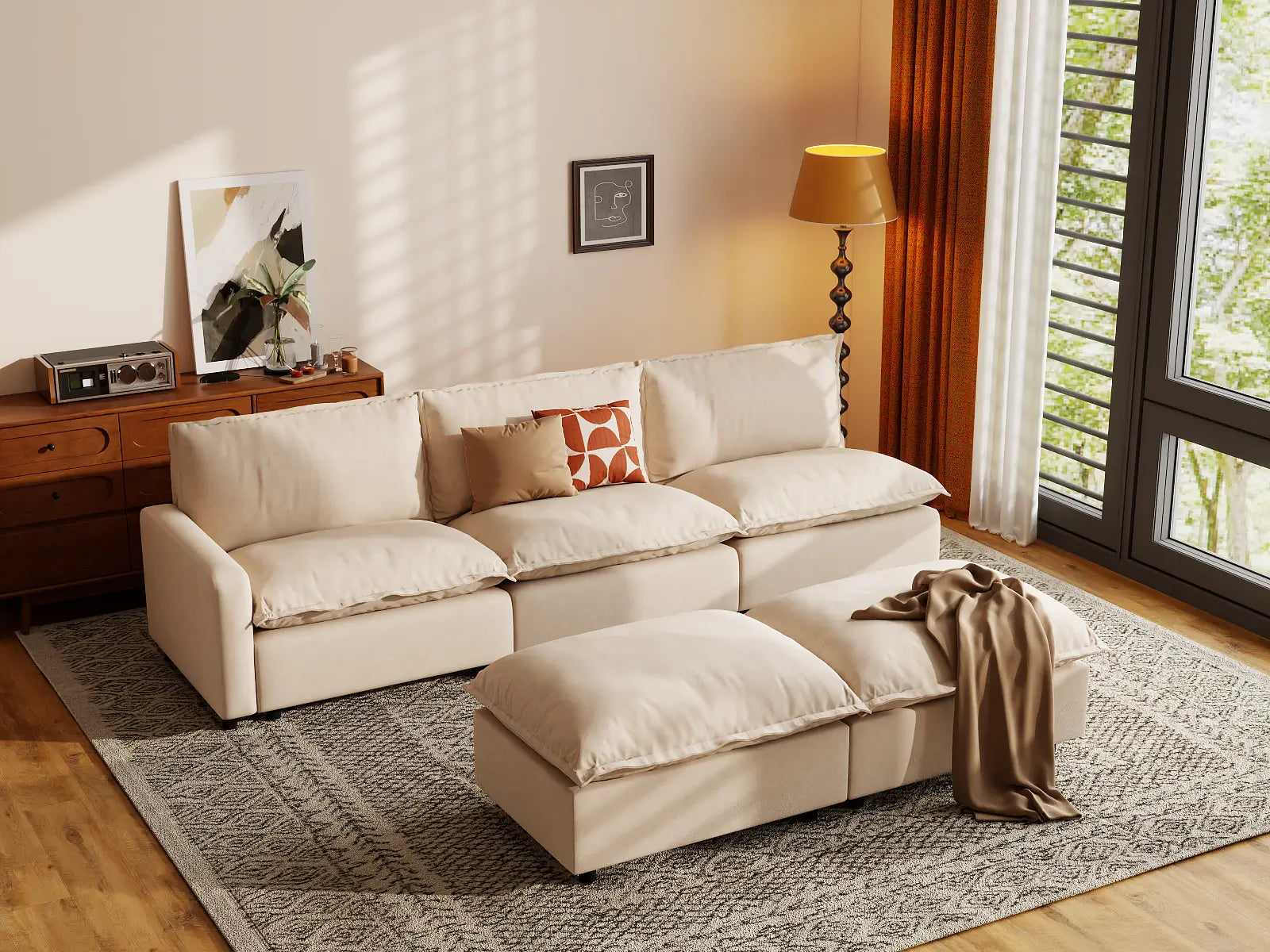 Modular Cero Modular Sectional with Ottoman | 5-Piece Beige Linen Open Plan Sofa Sets 3-Seater with 2-Ottomans