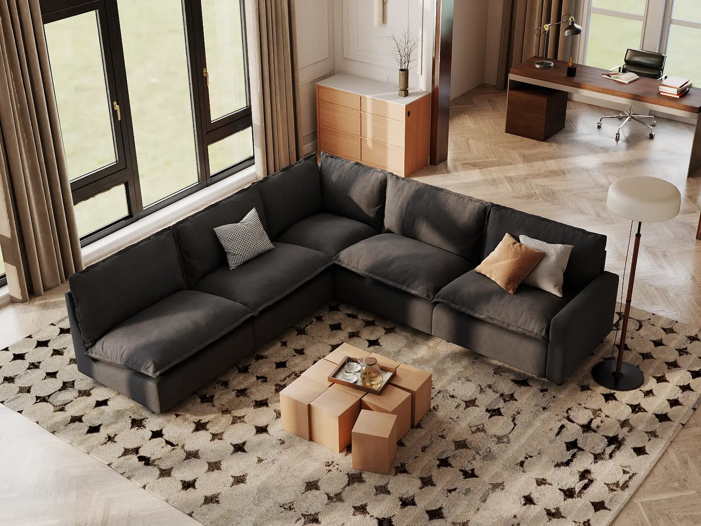 Modular Cero Modular Sectional | 5-Piece Grey Linen Grand Estate V-Shaped Sectionals 5-Seater