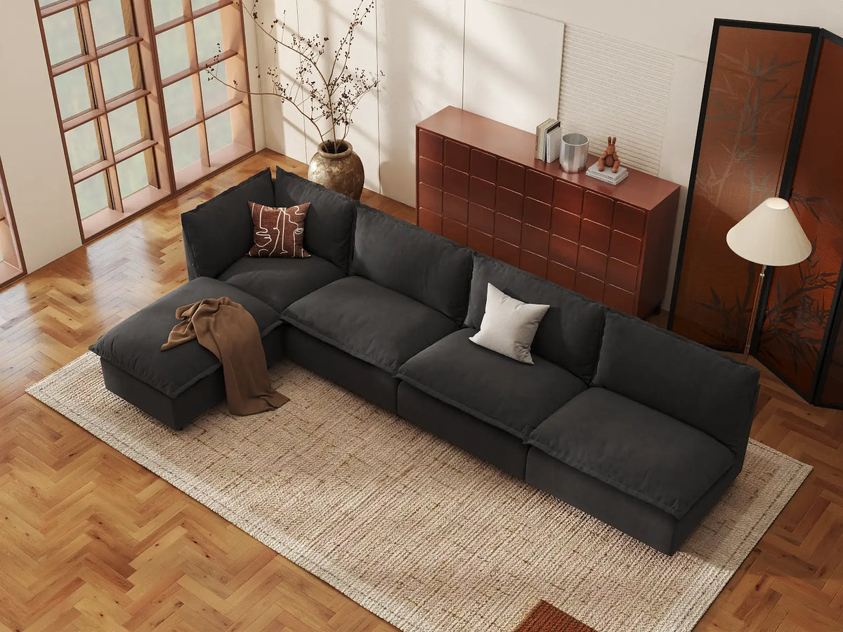 Modular Cero Modular Sectionals | 5-Piece Grey Linen Large Space L-Shaped Sectionals 4-Seater with 1-Ottoman