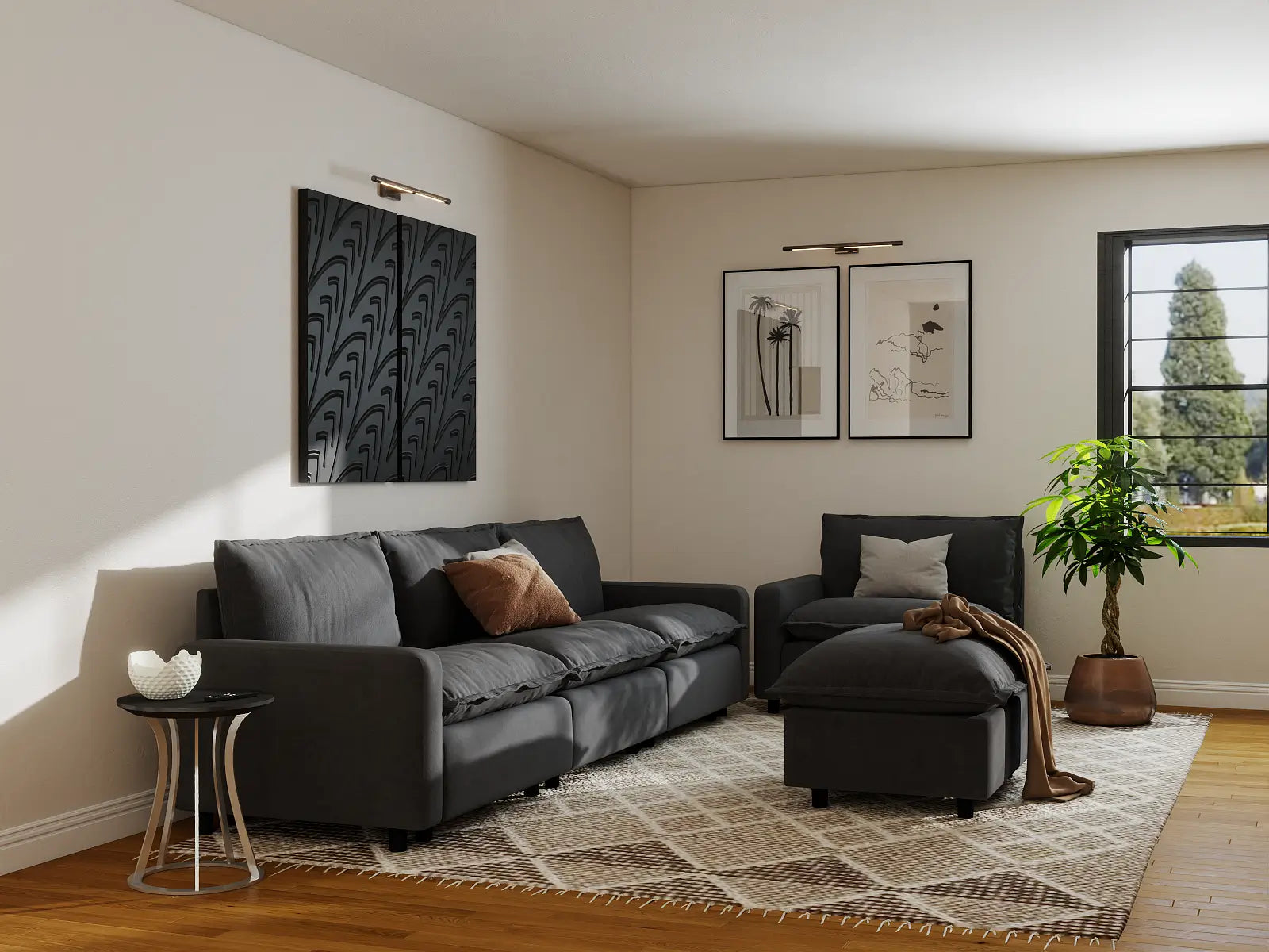 Modular Cero Oversized Modular Sectional Sofa | 5-Piece Grey Linen Large Space Sofa Sets 4-Seater with 1-Ottoman