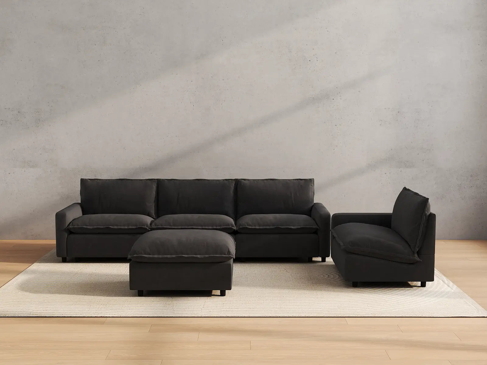 Modular Cero Oversized Modular Sectional Sofa | 5-Piece Grey Linen Large Space Sofa Sets 4-Seater with 1-Ottoman