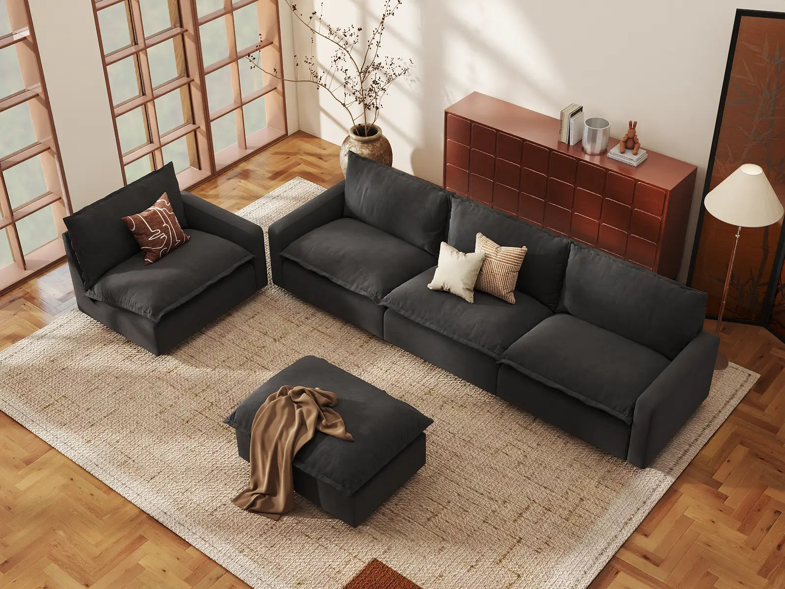 Modular Cero Oversized Modular Sectional Sofa | 5-Piece Grey Linen Large Space Sofa Sets 4-Seater with 1-Ottoman